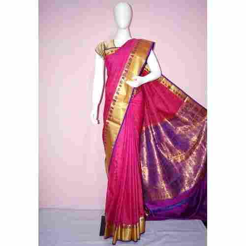 Party Wear Cotton Silk Patch Work Purple Golden And Pink Designer Ladies Saree