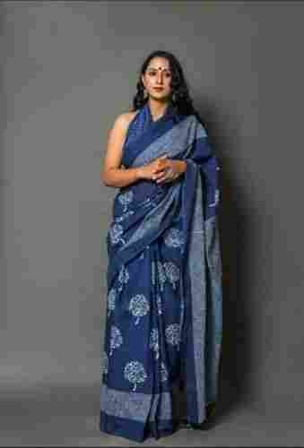 Dark Blue Printed Highly Breathable Daily Wear Pure Cotton Saree With Unstitched Blouse Piece