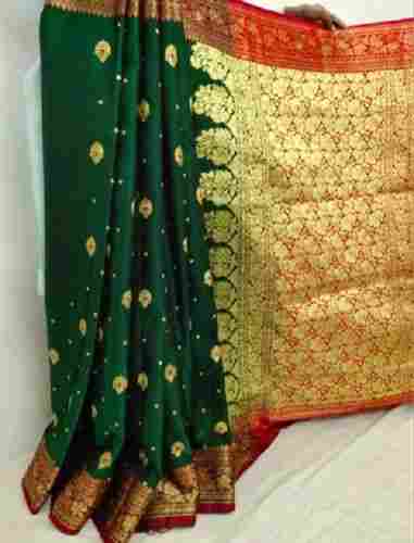 Green And Red Color Embroidered Pattern Highly Breathable Silk Saree For Ladies With Unstitched Blouse Piece