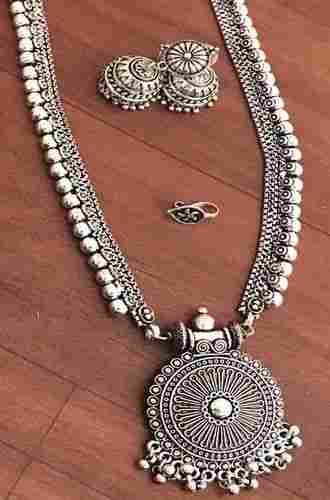 Silver Designer Antique 999 Pure Silver Necklace Set With Pair Of Earrings And Nose Pin