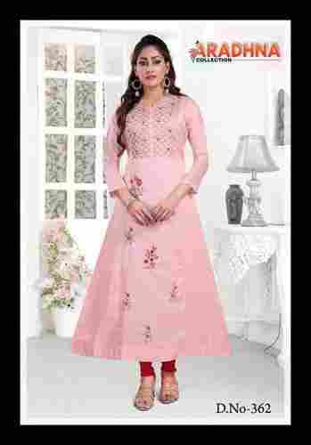 Light Pink Full Sleeve Designer Embroidery A Line Party Wear Cotton Kurti For Ladies