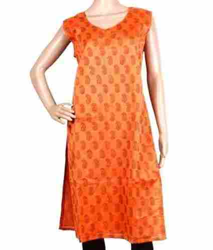Orange Colour Block Printed Kurti With Traditional Design And Cotton Fabrics