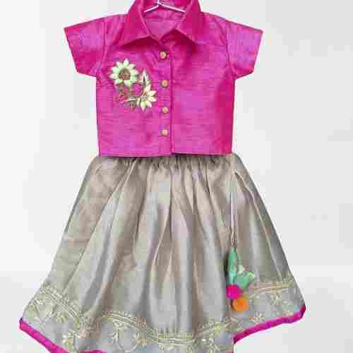 Pink Color And Short Sleeve Designer Embroidered Fancy Lehenga For Kids Party Wear