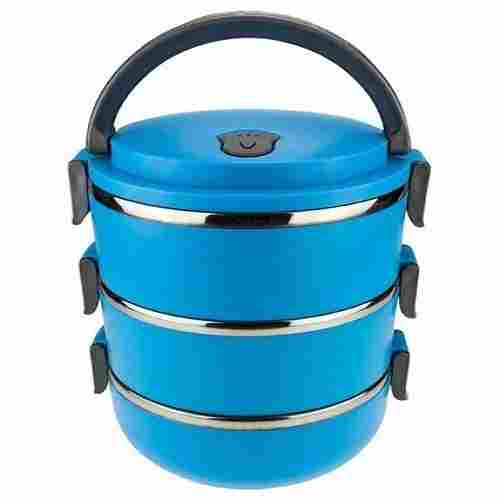 3 Containers Lunch Box Three Layer Blue Color Light Weight Stainless Steel Easy Lock