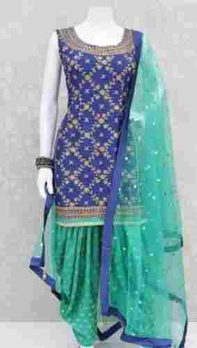 Ladies Casual Wear Sleeveless Blue And Green Printed Cotton Silk Salwar Suit