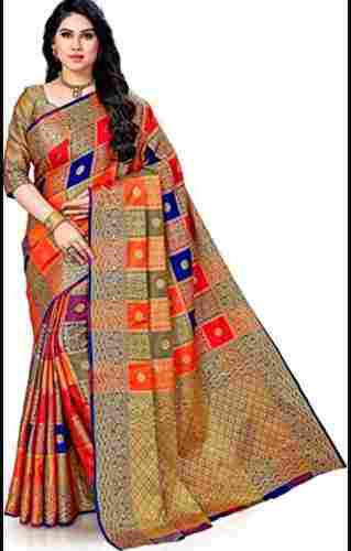 Ladies Traditional Ethnic Wear Multicolored Checkered 100% Silk Saree 