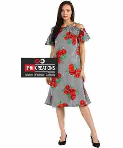 Nice Combination Of Color Floral Printed Shoulder Stripe Flared Sleeve Women Dress