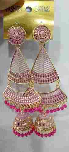 Ladies Gold-Plated Pearl-Beaded Pink Party Wear Long Jhumka Earrings