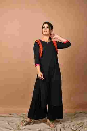 Attractive Embroidered Work Black Color Comfortable Rayon Embroidered Kurtis With Jacket