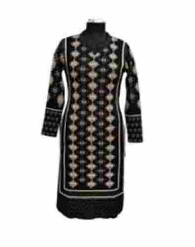 Black Full Sleeves Ladies Kurti Made From Cotton Washable And Breathable Knee Length