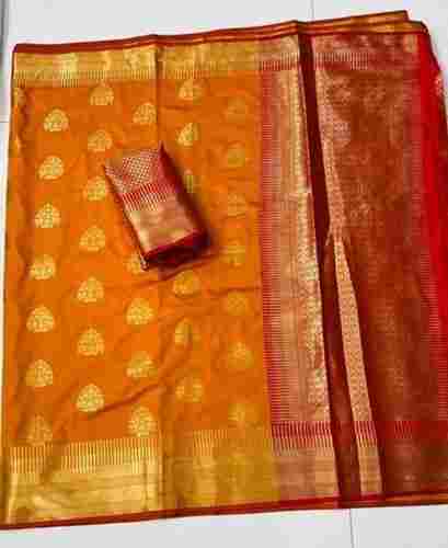 Orange And Red Party Wear 100% Pure Art Silk Saree With Golden Zari Work