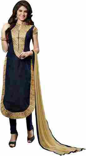 Full Sleeves Designer Chanderi Suit For Ladies With Dupatta And Dark Blue And Golden Color