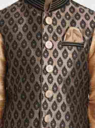 Boys Gold Cotton Silk Blend Kurta, Handmade Embroidery Work Waistcoat And Pyjama Set