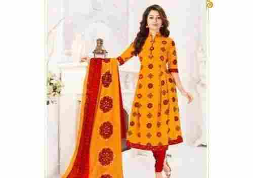 Red And Yellow Color Comfortable And Washable Ladies Cotton Frock Suit