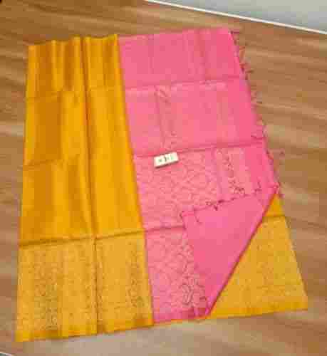 Yellow And Pink Plain Kanchipuram Silk Saree 6 M With Blouse Piece