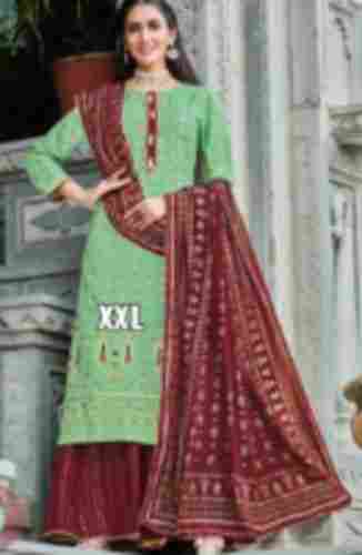 100 Percent Cotton Green And Maroon Color Printed Salwar Suit For Women With Short Sleeves
