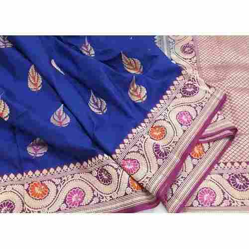 Party Wear Blue Banarasi Pure Silk Alfi Meena Border Ladies Saree With Blouse
