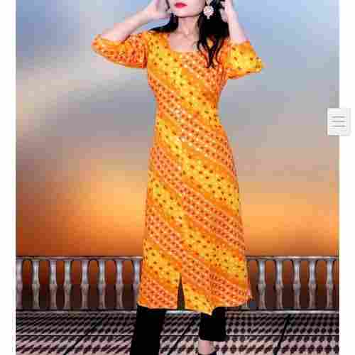 Yellow And Orange 3/4th Sleeves Knee Length Printed Cotton Casual Kurti For Ladies