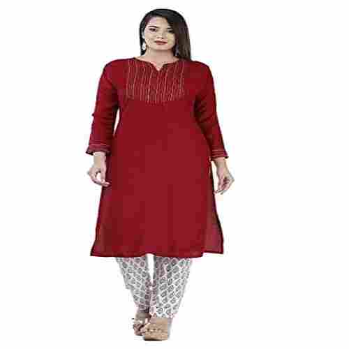  Red Color Kurti For Women With White Printed Design, Full Sleeves, Made From Cotton