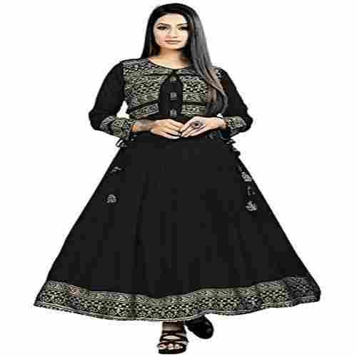Black Embroidered Designer Women Anarkali Rayon Kurti Suit With Full Sleeves
