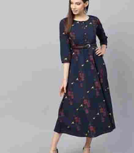 Blue 3/4 Sleeves Round Neck Printed Fancy Ladies Maxi Gown For Casual Wear