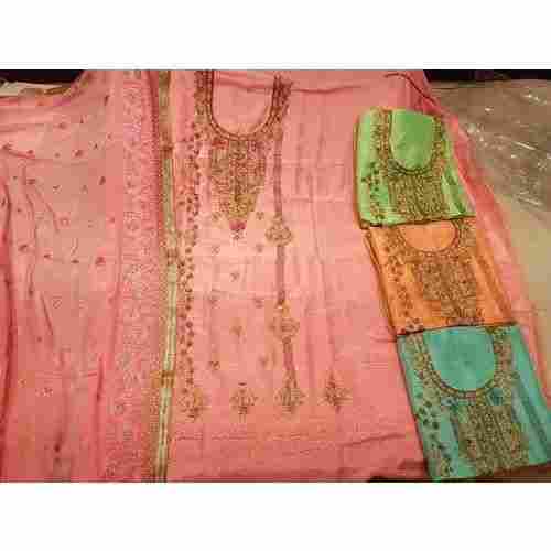 Ladies 3/4th Sleeves Round-Neck Multicolored Embroidered Cotton Silk Stitched Suit