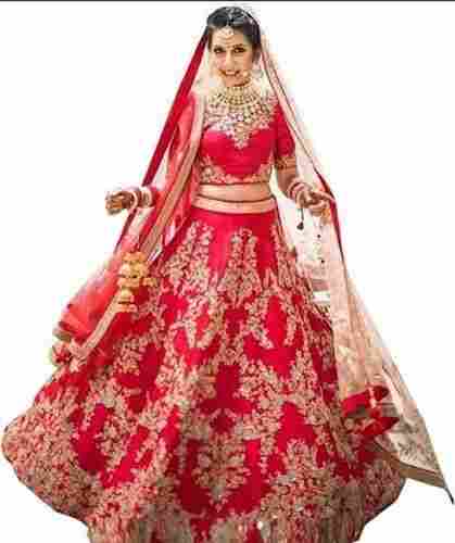 Women's Stunning And Elegant Look Semi Stitched Red Bridal Lehenga With Choli