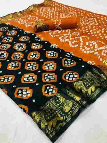 Ladies Casual Wear Multicolored Printed Hand Woven Cotton Bandhani Sarees With Blouse Piece