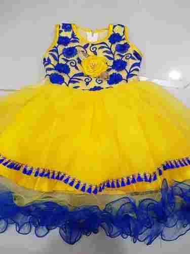 Yellow And Blue Party Wear Net Baby Girl Embroidered Frock, Soft And Comfortable Net