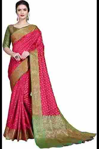 Ladies Casual Wear Pink And Green Printed Banarasi Art Silk Saree With Golden Border