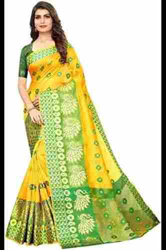 Ladies Party Wear Green And Yellow Banarasi Silk Jacquard Saree With Zari Work