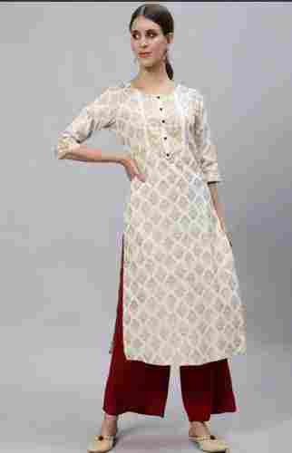 Ladies 3/4th Sleeves Round-Neck Off White Printed Cotton Silk Long Kurti With Palazzo Pants