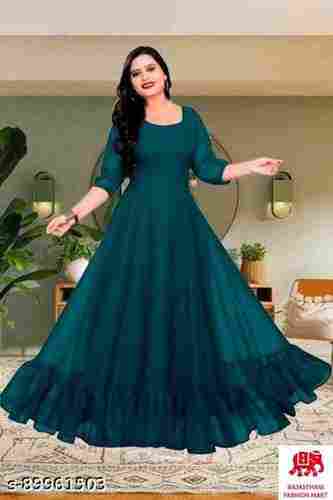 Green 3/4th Sleeve Plain Georgette Party Wear Gown For Ladies