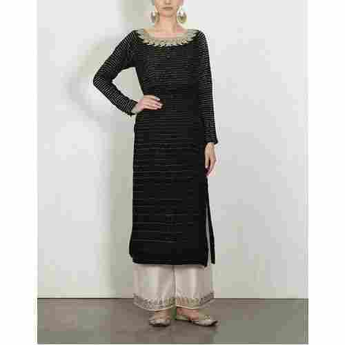 Black Full Sleeve Party Wear Round Neck Embroidered Ladies Fancy Kurti 
