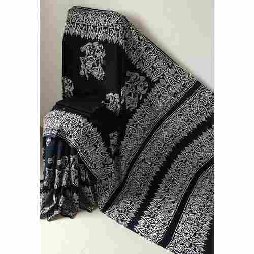 Casual Wear Black And White Color Printed Cotton Saree With Blouse Piece