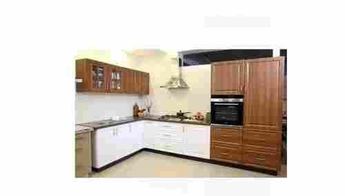 Good Quality Brown And White Wooden Modular Kitchen With Marble Tile, L Shape