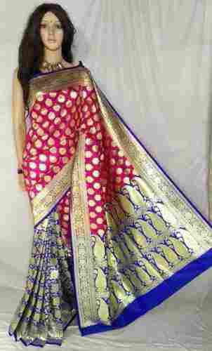 Blue And Pink Printed Party Wear Cotton Silk Banarasi Saree 