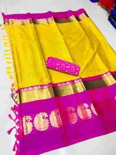 Ladies Yellow And Purple Color Saree For Weddings And Parties Wear