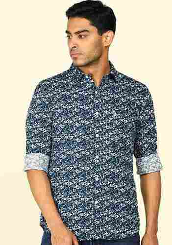 Men Collar Neck Full Sleeves Printed Soft Cotton Blue Printed Casual Shirt