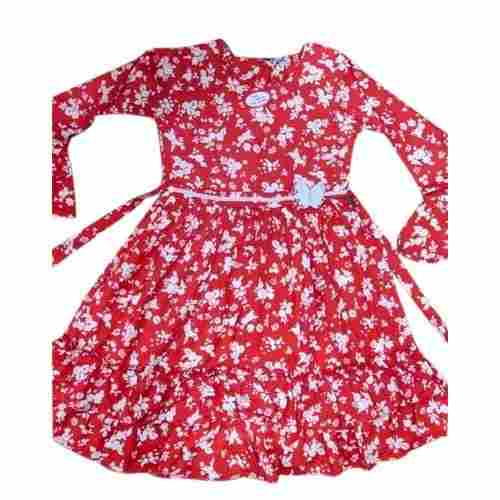 Red And White Color Flower Printed Party Wear Full Sleeve Kids Frocks