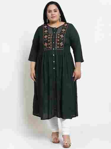 Round Neck Embroidery 3/4th Sleeves Casual Wear Anarkali Cotton Kurti For Ladies