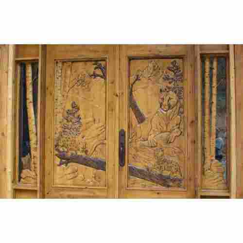 Light Brown Rectangle Designer Carved Wooden Hinge Door Termite Proof 7x3 Feet