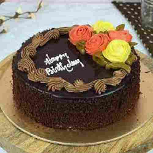 Beautiful Fresh Baked Flower Decorated Designer Brown Chocolate Sweet Birthday Cake