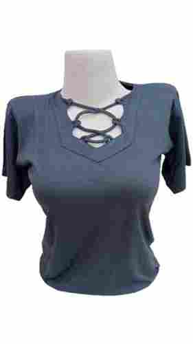 Half Sleeve Casual Wear Plain Grey Cotton Top For Ladies 