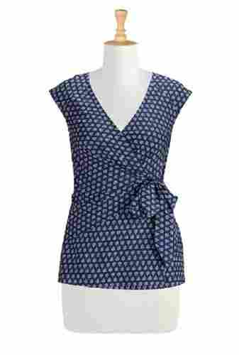 Stylish Breathable Sleeveless Blue Printed Cotton Ladies Top For Daily And Party Wear