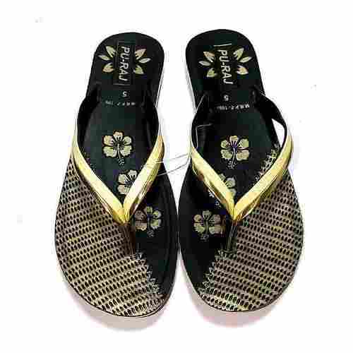 Ladies Lightweighted Black And Golden Printed Rubber Flip-Flop Flat Slipper For Daily Wear