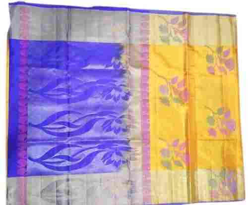 Casual Wear Blue Traditional Elegant Beautiful And Breathable Yellow Floral Print Soft Silk Saree