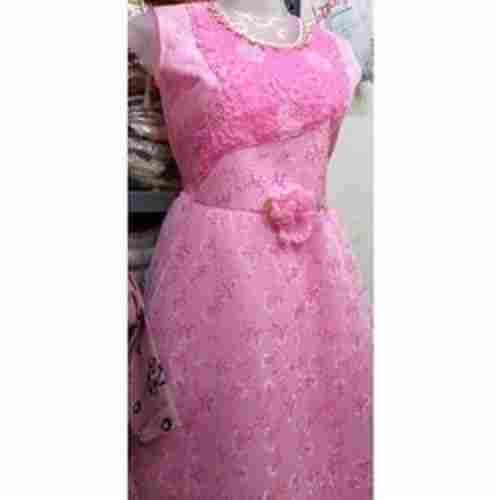 Fashionable Pink Color Round Neck Sleeveless Ladies Gown For Regular And Party Wear