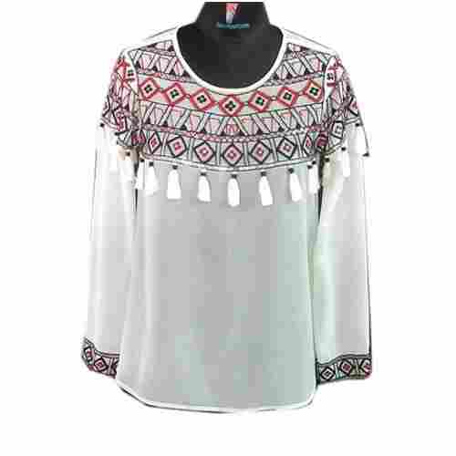 Chiffon Ladies Stylish Casual Wear Round Neck Full Sleeves Top Comfortable Fabric