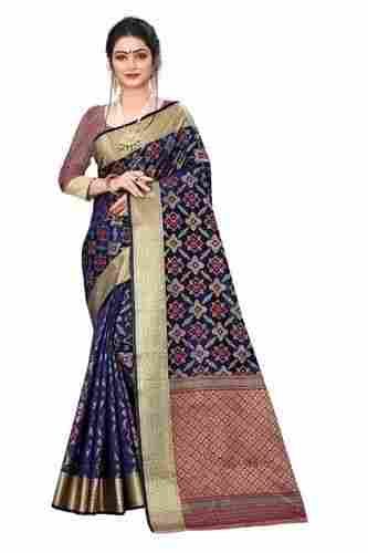 Women Breathable And Ultra Soft Traditional Blue And Golden Printed Designer Sarees